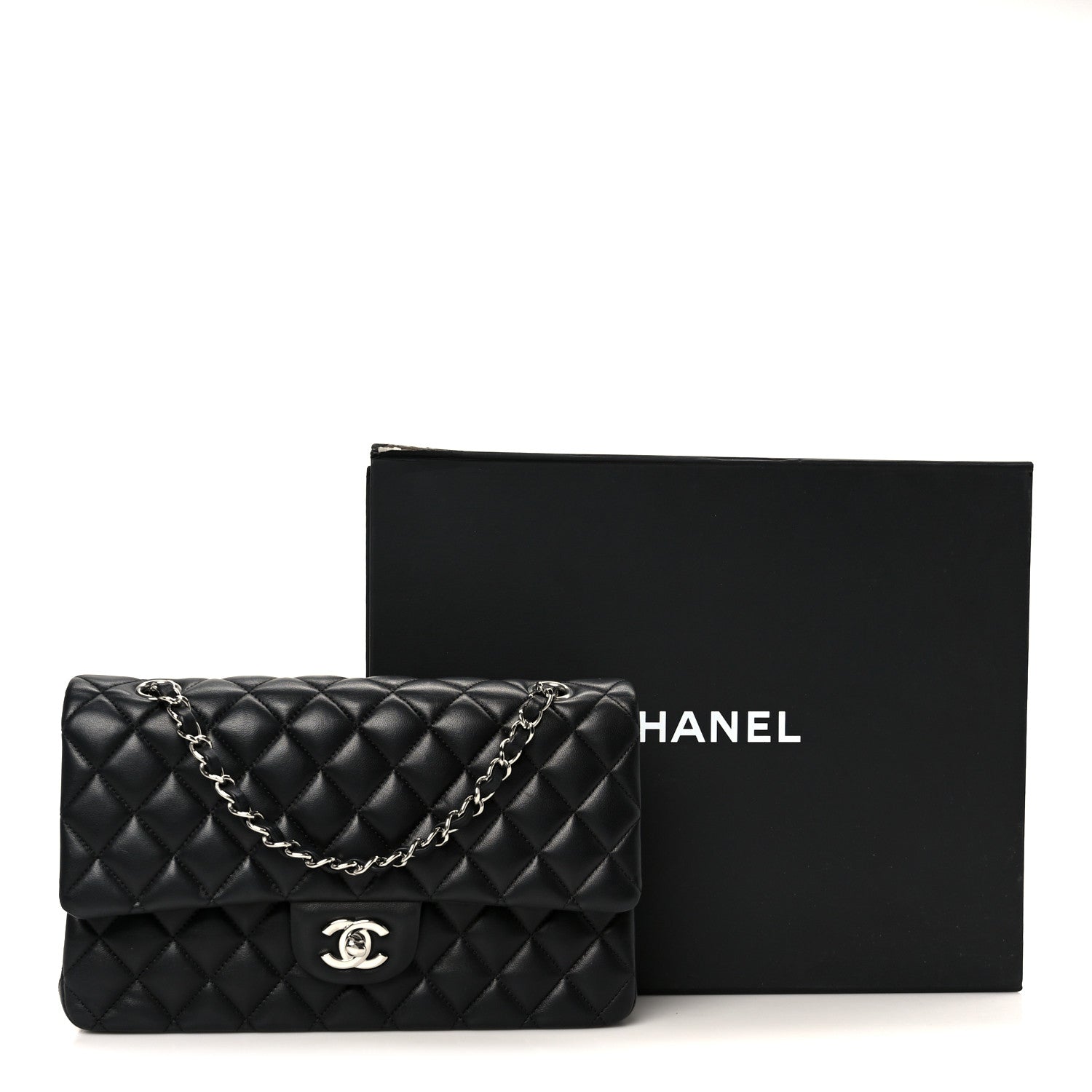 Lambskin Quilted Medium Double Flap Black